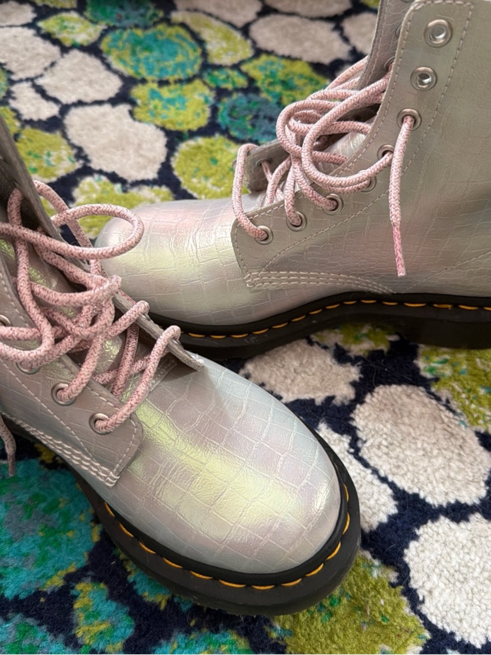 Dr. Martens Iridescent Croc-Texture Lace-Up Boots — Pale Pink Laces